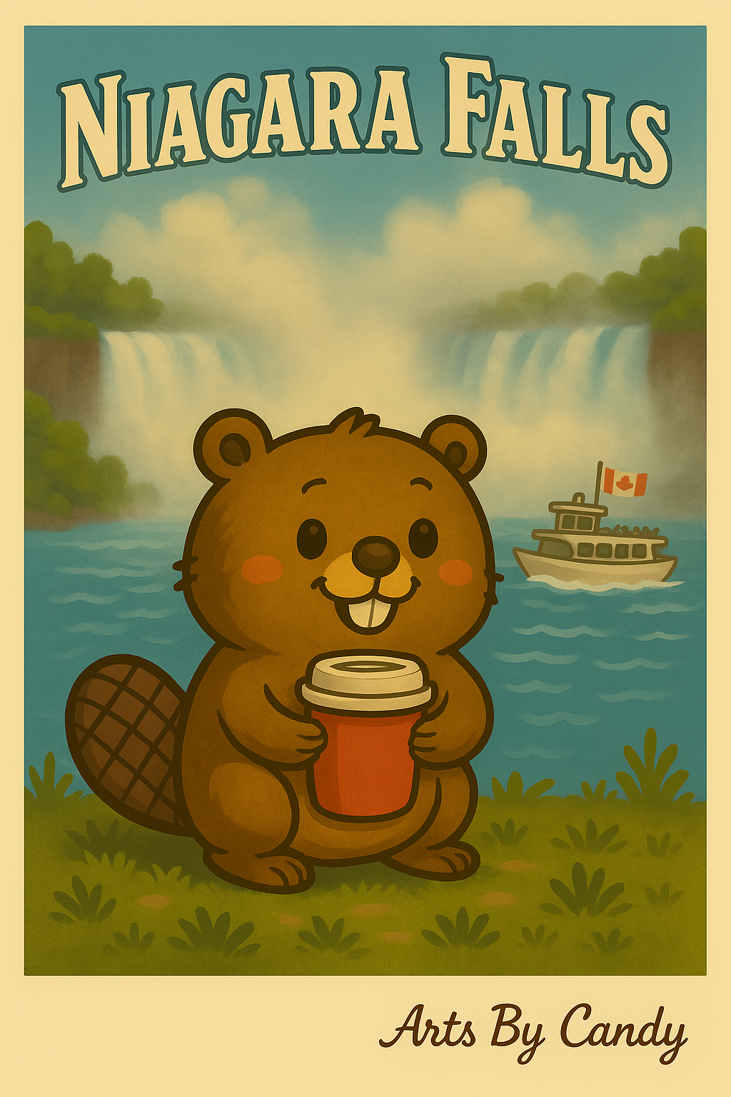 Niagara Falls Postcard – Beaver with Coffee & Boat